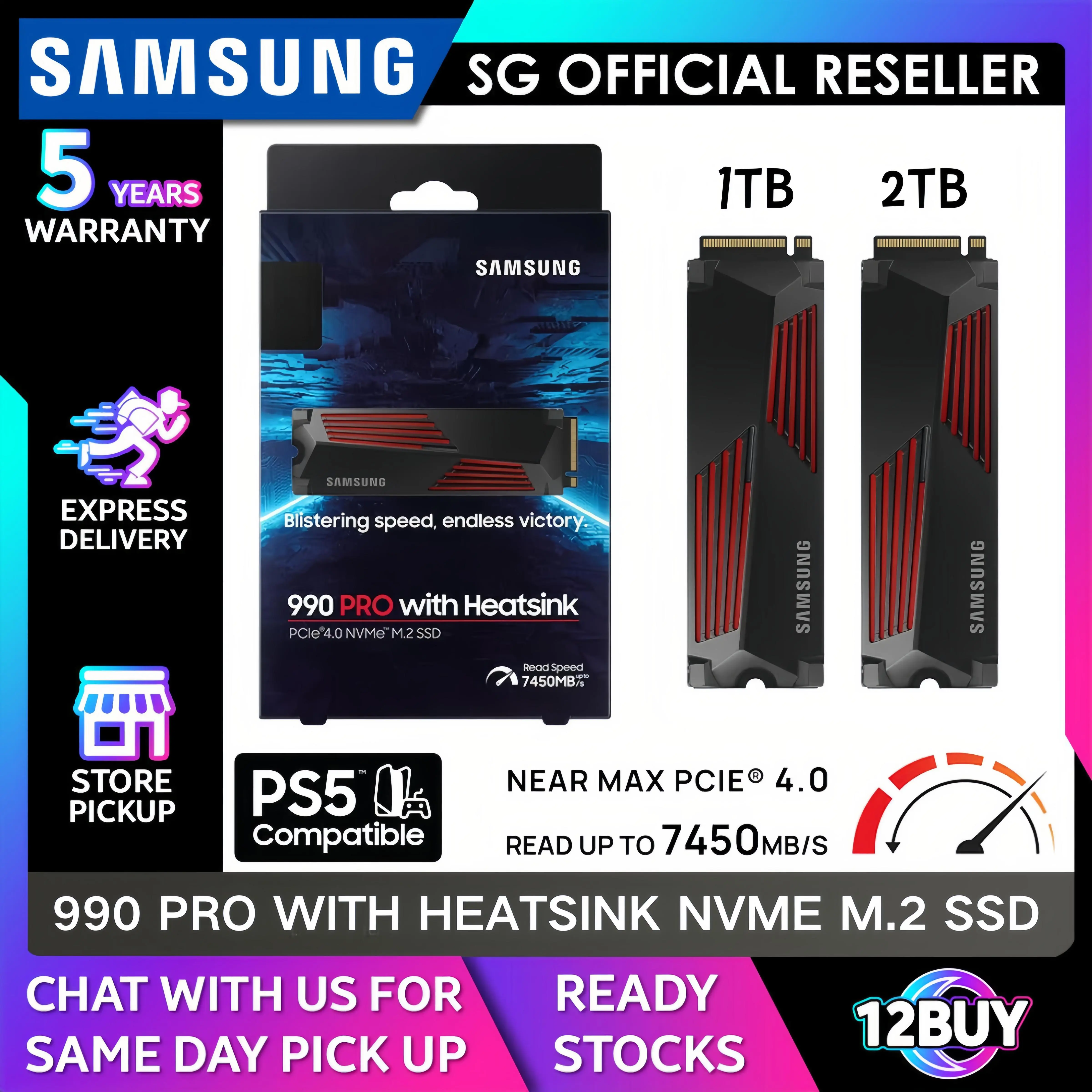Samsung 990 PRO with Heatsink Internal M.2 SSD PCIe 4.0 1TB 2TB - Up to Read 7,450MB/s I 5 Years Warranty