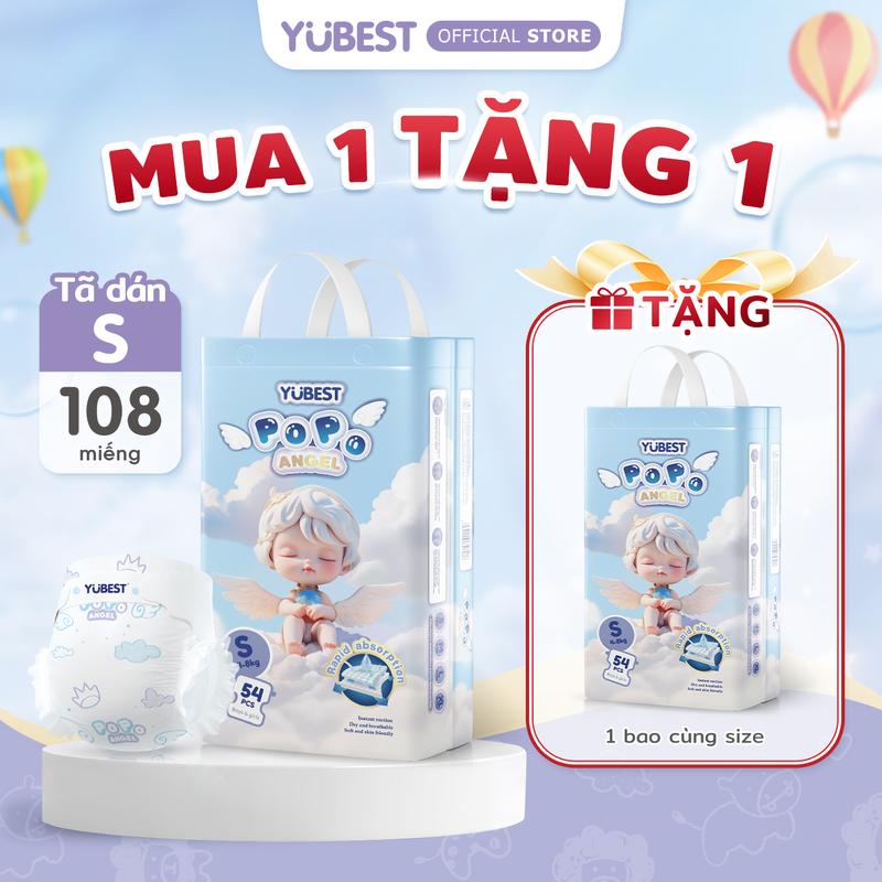 【Mua 1 tặng 1 Combo 2 bịch Bỉm Bỉm Yubest Khung eo bong bóng - Tã lót cho bé | Tã dán sơ sinh Size S 4-8kg | 108 miếng | Mềm mại cực độ chống rò nước hiệu quả mịn màng suốt ngày