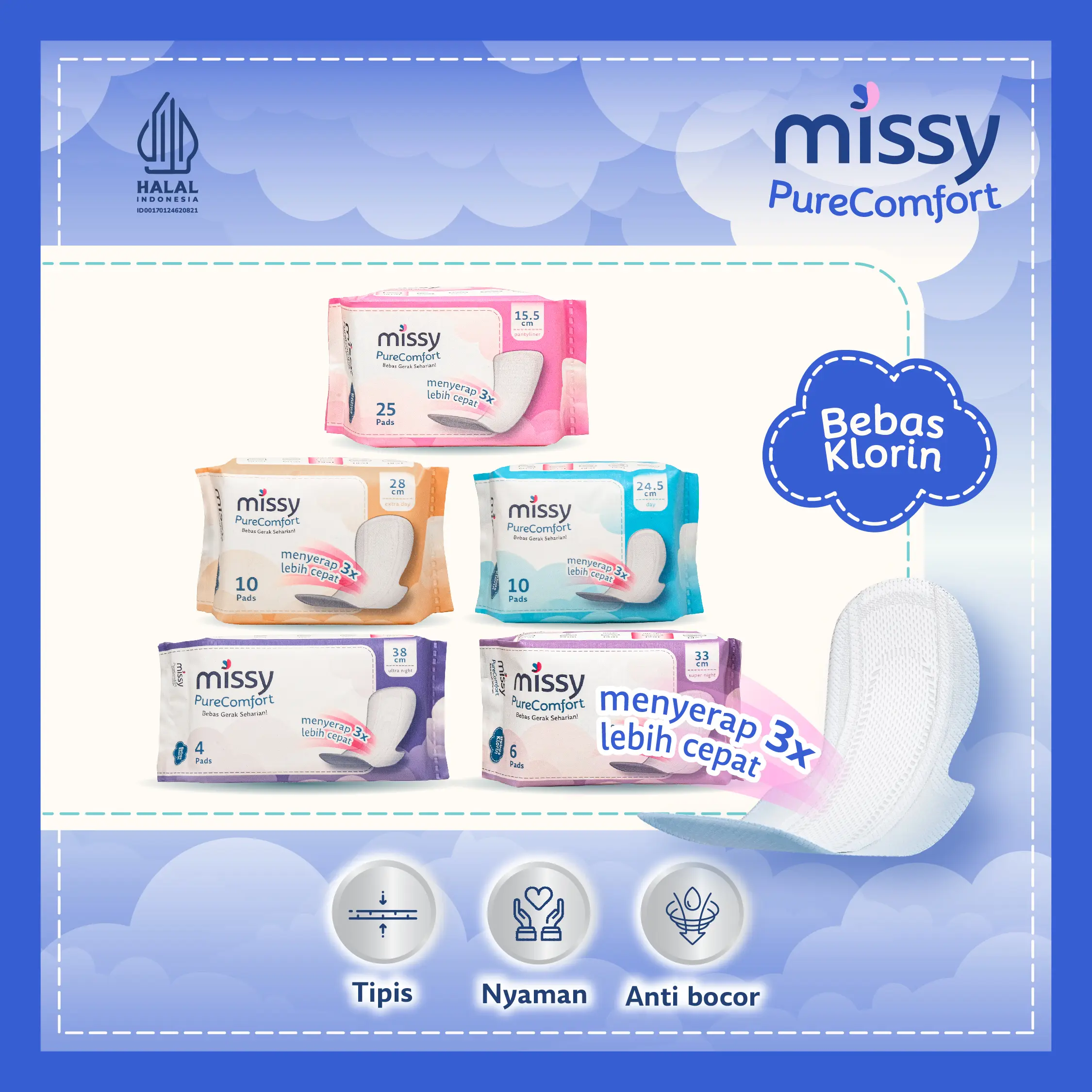 Pembalut MISSY PURE COMFORT All Varian / Bebas Bergerak Seharian / Menyerap 3x Lebih cepat / Bebas Klorin / Pembalut dan Pantyliner Wanita / Perawatan Miss V Menstrual Cup Tampon Menstruasi / Anti Jamur Virus / Bebas Bocor