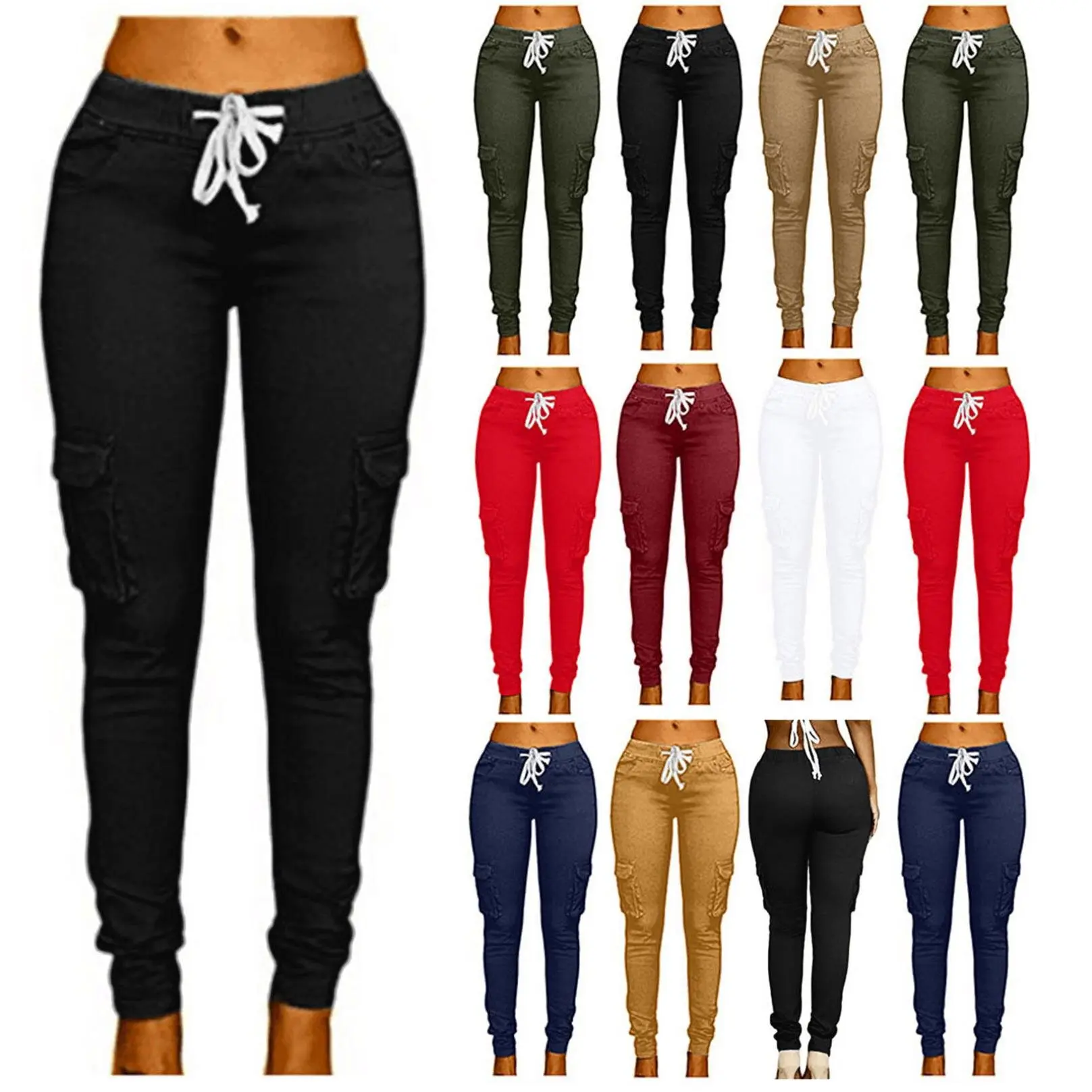 Women's solid color cargo pants for women, soft and comfortable, trendy and fashionable elastic casual pants