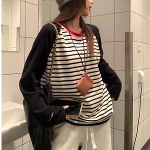 Women's Striped Colorblock Round Neck Long Sleeve T-Shirt, Fall Winter Inner Layer, Loose Fit Slimming Casual Top 8664# Womenswear Crewneck Fitted