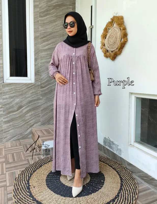 Dress Rayon Salur Gamis Rayon Kacing Full Kancing Aktif Gamis Busui Kancing Muslim Rayon Katun Nyaman Wanita Mewah 7