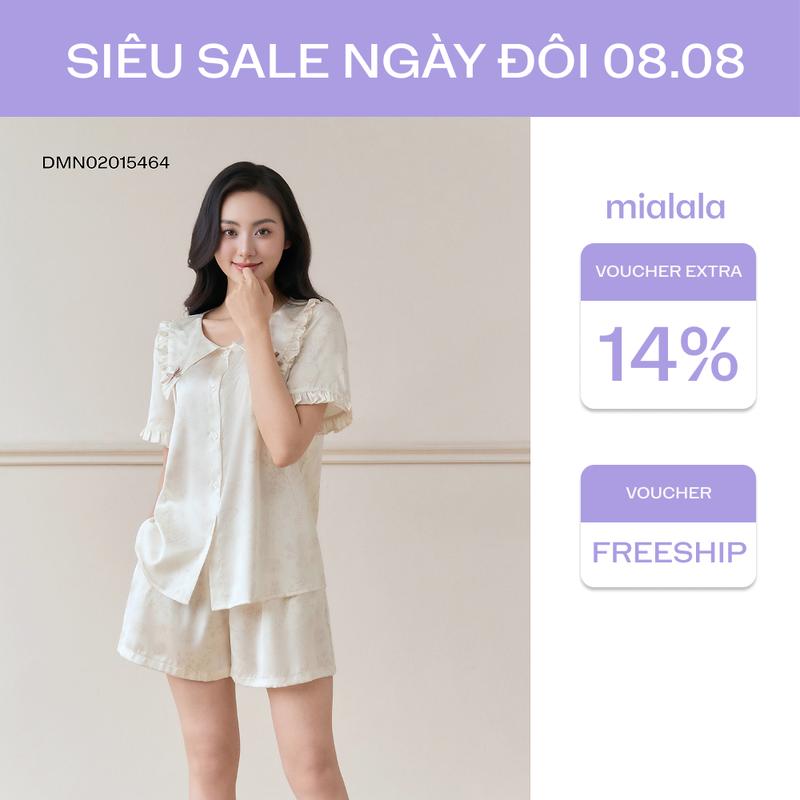 Mialala Đồ Bộ Mặc Nhà Lụa Latin Mềm Mát DMN02015464 Thiết Kế Cổ Sen Đơn Vạt Dáng Ngắn Trẻ Trung Họa Tiết Thanh Lịch Màu Be Pastel Dành Cho Phái Đẹp