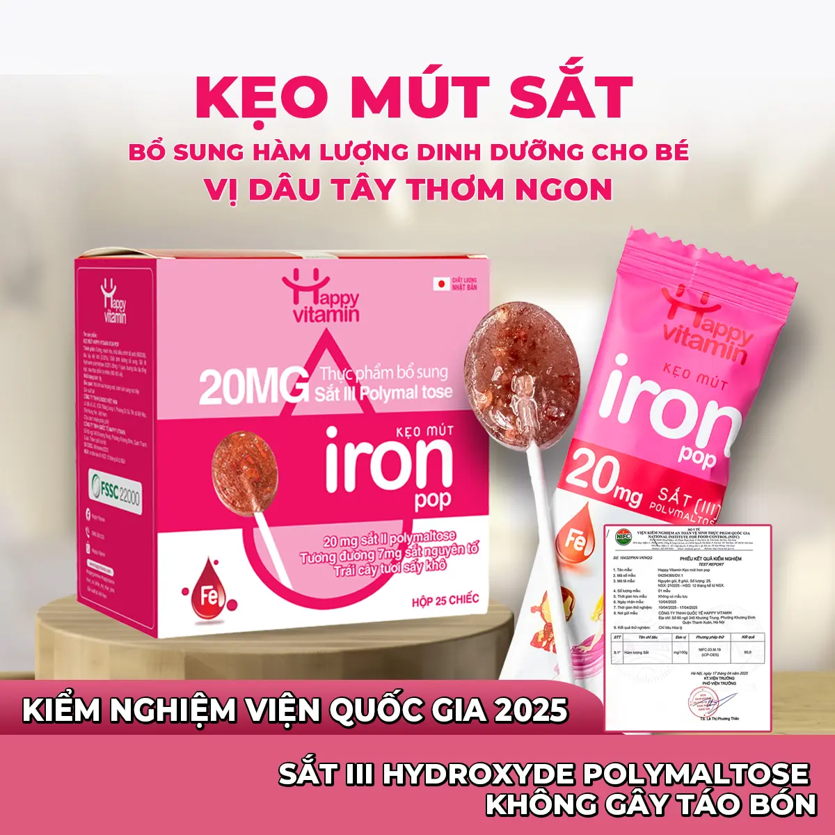 Kẹo mút bổ sung Sắt cho bé Happy Vitamin - Hàm lượng Sắt hữu cơ