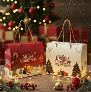 (TOOKE) Box Hampers Natal Motif Merah & Putih Bahan Ivory 230 gsm dengan Tali Pegangan untuk Hadiah Kado Natal Mewah Christmas Box