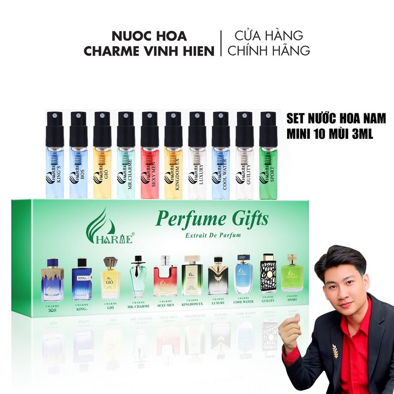  Set Nước Hoa Charme Mini 10 Mùi Nam 3ml - BOSS - KING'S - GIÒ - MR CHARME - SEXY MEN - KINGDOM EX - LUXURY - COOL WATER - GUILITY - SPORT - H R V E 