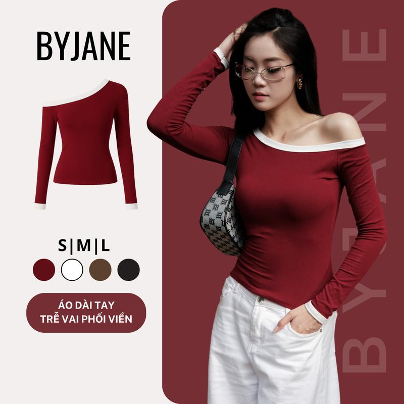 MỞ BÁN Áo Thun Trễ Vai Tay Dài Phối Viền co dãn mềm mịn chất cotton lông mịn - BYJANE - 841