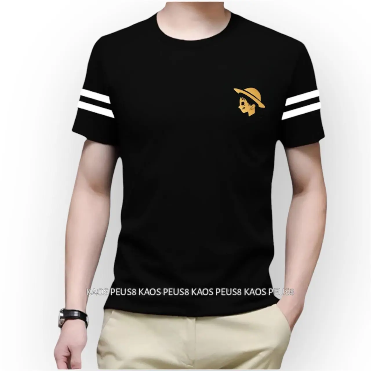 Kaos Pria Dewasa Motif one pace Lengan Pendek Bahan Rayon Adem Nyaman - Ukuran M-XXL Warna Hitam/Putih/Nevi/Kuning/Merah - Standar, Panjang