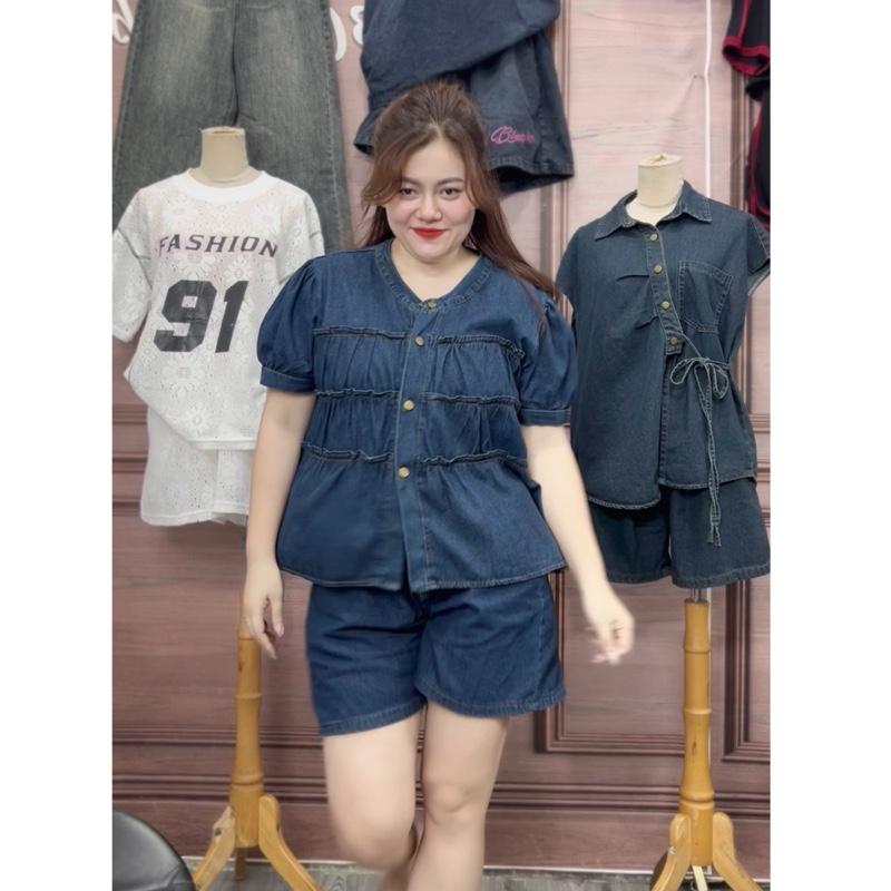 427 BIGSIZE Bộ Bèo Tay Bồng, set jean nữ viền bèo cúc bấm kèm quần short cạp chun