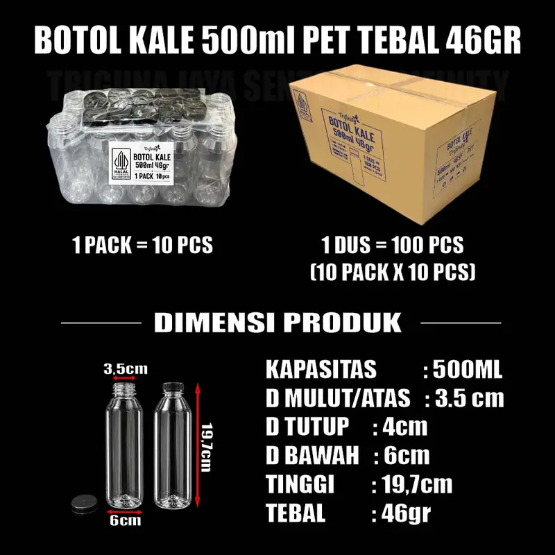 Botol Kale Tebal 46gr Tutup Segel Rapat Botol Plastik Kopi jus 250ml 500ml 1000ml Trifinity Pack JSP