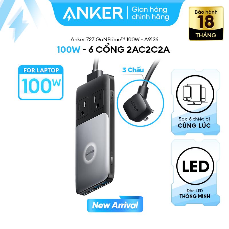 Trạm sạc nhanh đa năng Anker 727 GaNPrime 100W - 6 cổng 2C2A2AC sạc 6 thiết bị cùng 1 lúc | Đèn LED báo hiệu thông minh | Dây dài 1.5m - A9126