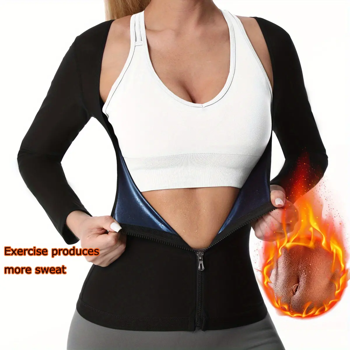 Sauna Suit For Women, Long Sleeve Waist Trainer With Zipper, Workout Sweatband, Waist Trimmer, Tummy Control For Body Shaper, Waist Training Corset