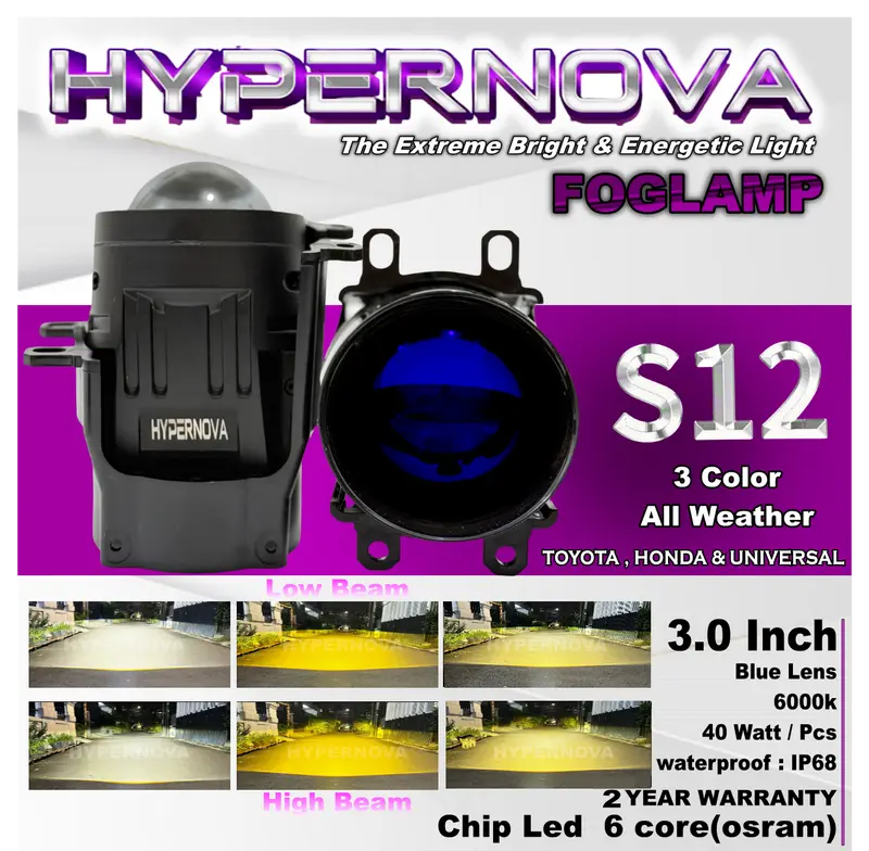HYPERNOVA - ORIGINAL LAMPU FOGLAMP BILED S12 80 WATT  BLUELENS FOGLAMP 3 WARNA 1 WARNA LAMPU MOBIL KABUT 1