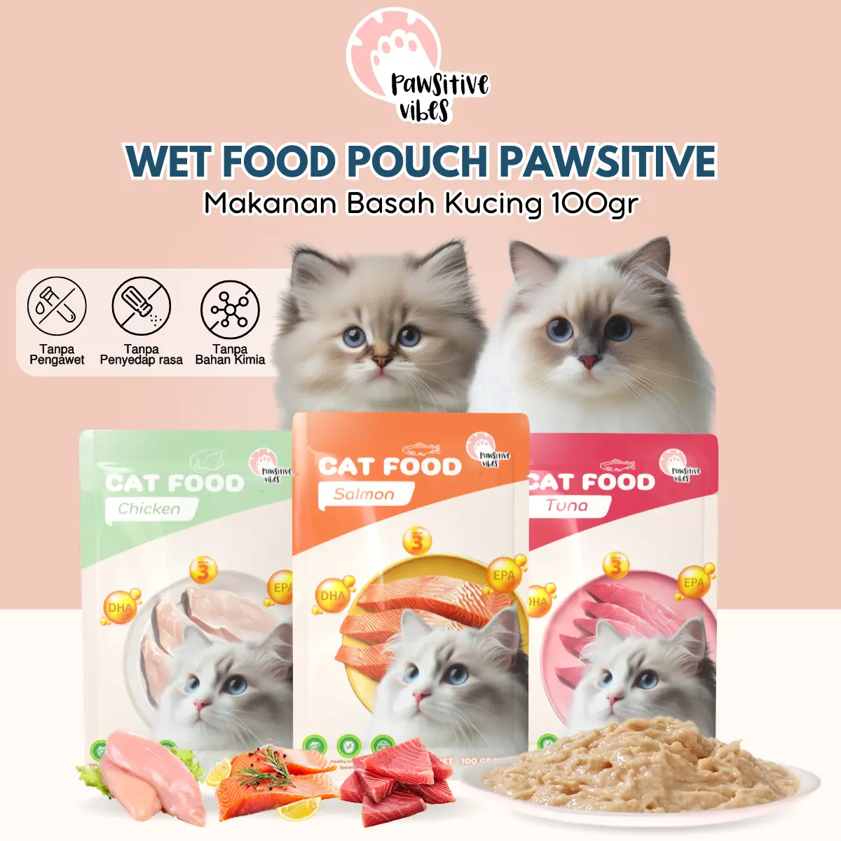 Pawsitive Vibes Makanan Kucing Basah Adult 100gr - Wet Food Pouch Makanan Kucing Basah Dewasa Bergizi - Wet Cat Food Pouch 100gr wet  food
