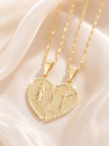 Juego de 2 collares para pareja con corazón de la Virgen María, chapados en oro de 18K, cadena doble combinada y colgante de oración para mujeres y hombres; “TE AMO” grabado; simbolismo religioso, diseño elegante de dos corazones.