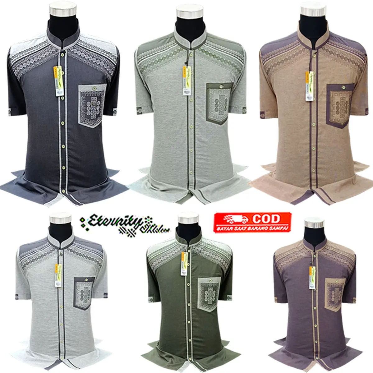 Eternity Moslem Baju Koko Pria Bordir Lengan Pendek Katun Motif Muslim Dewasa Atasan Baju Koko