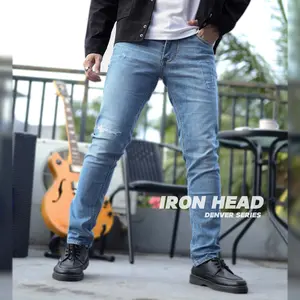 IRON HEAD Ripped Jeans Denver Series ‐ Celana Slimfit Jeans Pria Stretch Sobek Cyrus Blue