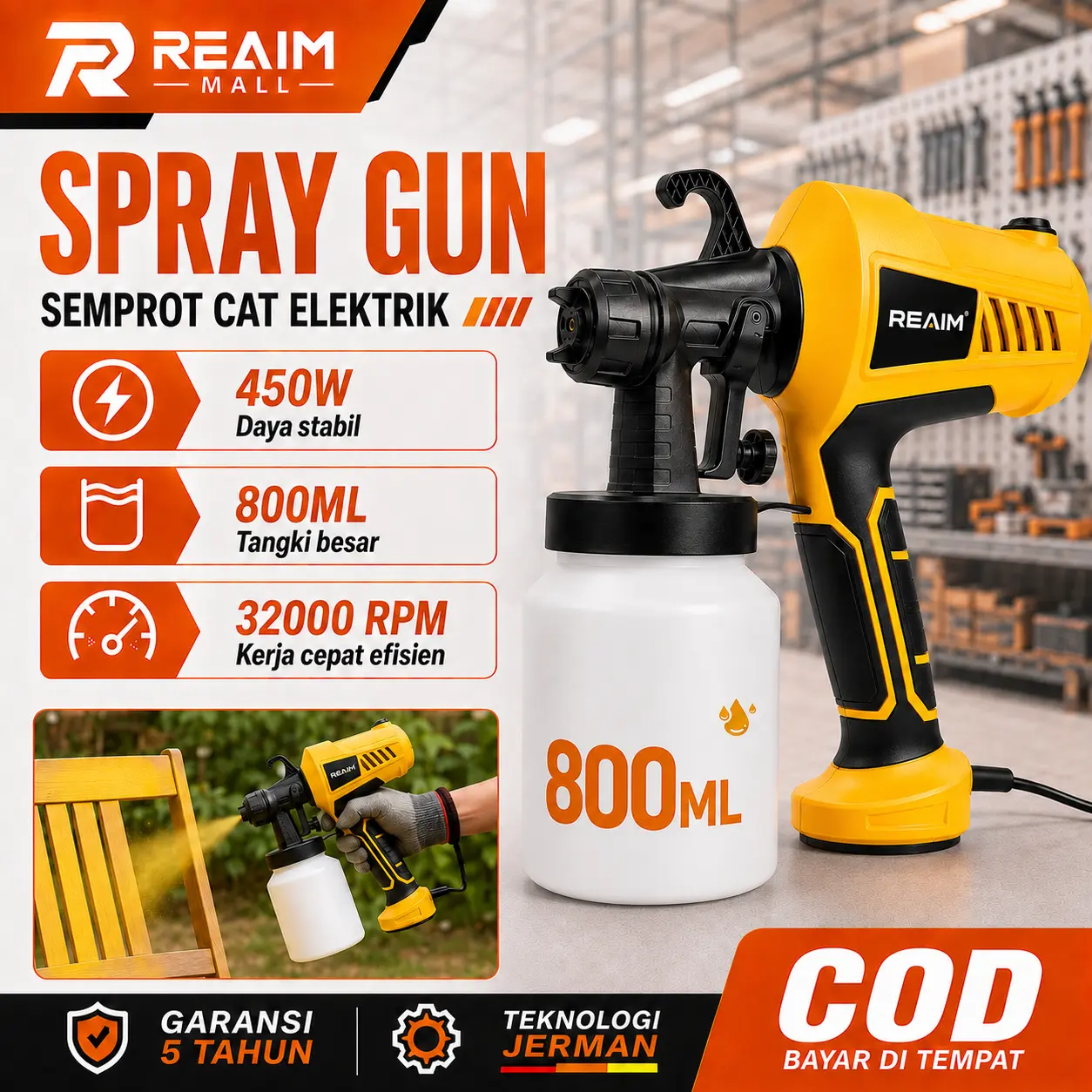 REAIM Spray Gun Listrik 450W 800ML Mesin Cat Semprot Elektrik Sprayer Cat Alat Semprot Cat Untuk Rumah Tangga Cat Tembok Kayu Besi Pagar Atomisasi Tinggi Tidak Untuk Minyak Praktis Kuat Tahan Lama Garansi 5 Tahun