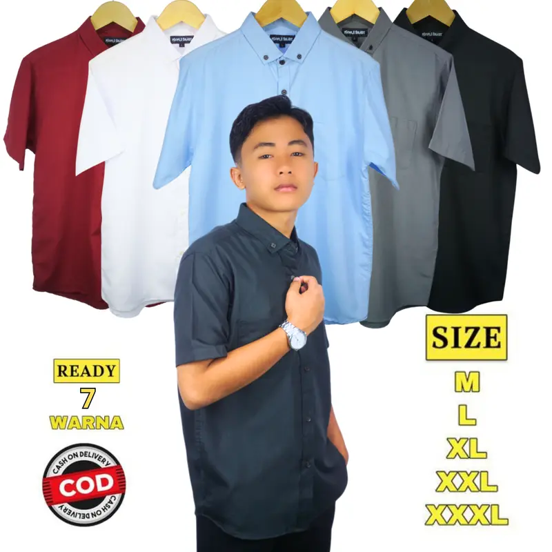 Kemeja Polos Pria Slimfit Casual Baju Formal Katun Distro Softblue Hitam Putih Panjang Tangan Garis Santai DHEEM Pendek Kerja Cowok Kerah Hem Kantor Navy lengan 7
