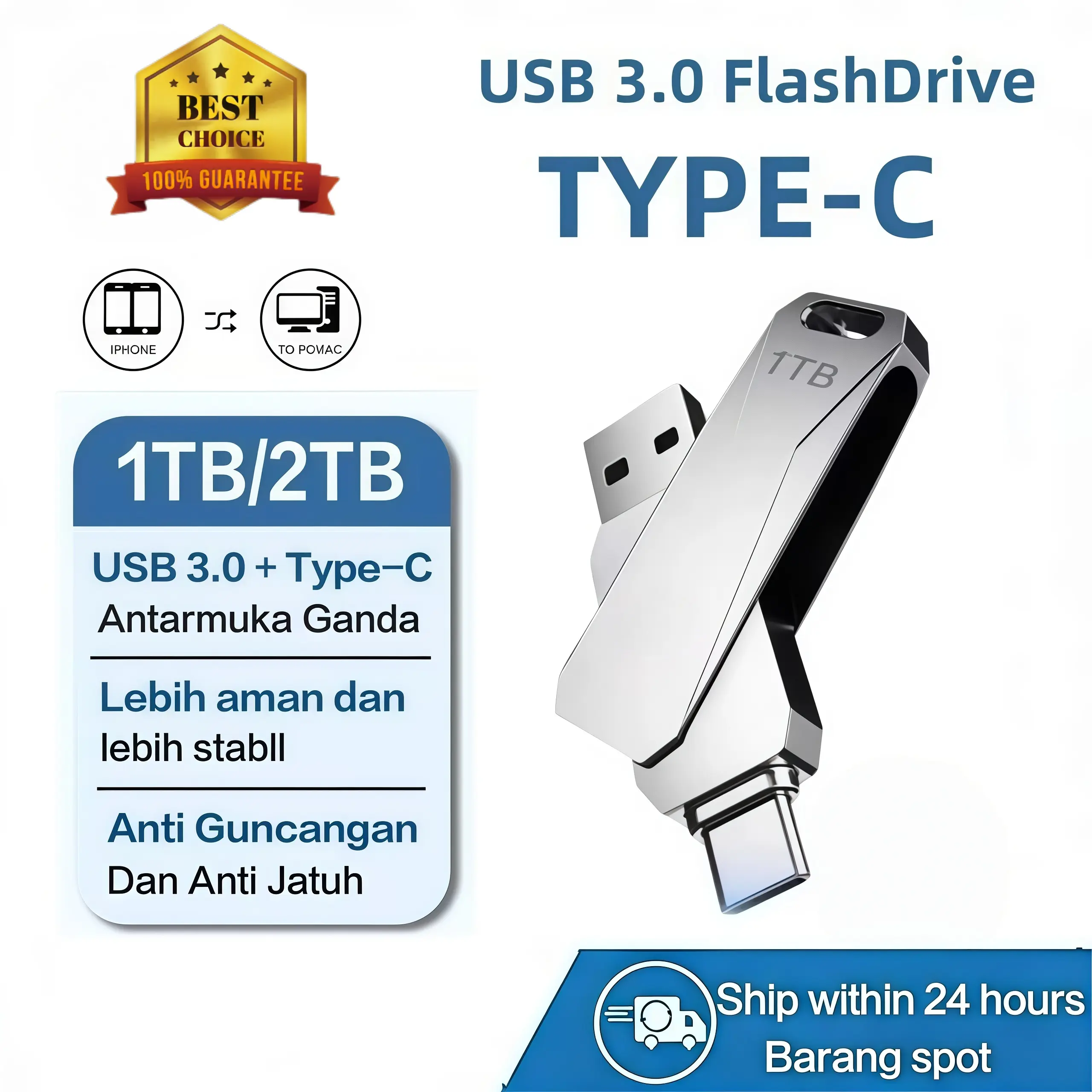 TYPE-C Flashdisk 2TB OTG USB3.0+Type C Kecepatan Tinggi untuk Ponsel Android/PC/Laptop/Audio Plug & Play USB 3.0 Transmisi Cepat dan Aman Dengan Dukungan Plug & Play