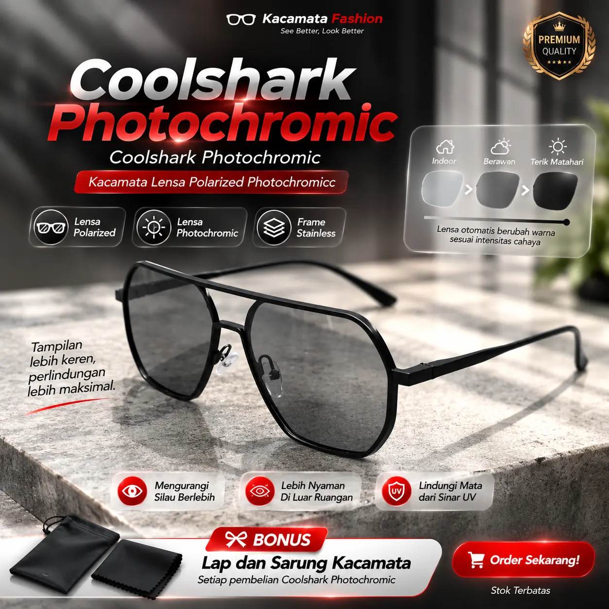Kacamata Pria Photochromic Coolshark Sunglasses Kacamata Gaya Pria Anti Silau Anti Gores Bisa Berubah Gelap