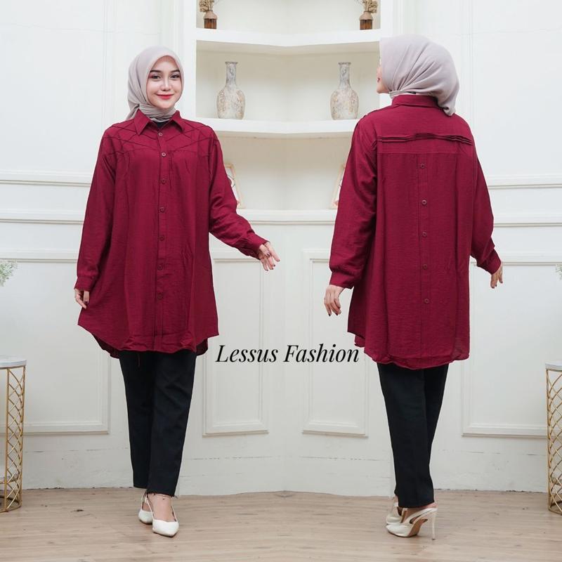 Lissa Tunik Opnaisel Polos polo linen kancing depan belakang|| kemeja wanita polos tunik pololinen|| pakaian muslim wanita atasan kekinian 7