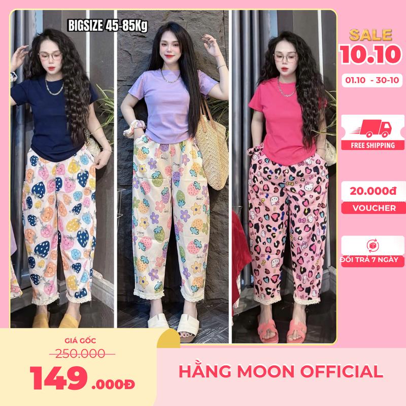 Set Đồ Nữ Hot Bigsize Hằng Moon Áo Tăm Trơn Phối Quần Đũi Hoa, Lai Quần Có Phối Ren [BIGSIZE 45-85kg]