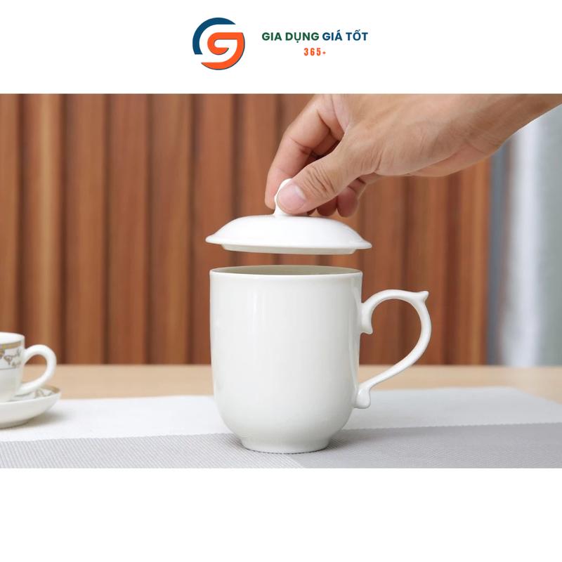 Cốc sứ trắng trơn có nắp LOHACO - ly sứ pha trà, cafe, pha sữa 350ml cao cấp