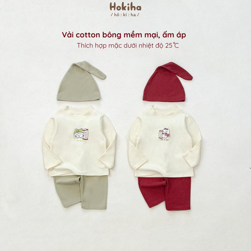 Hokiha B339- Bộ giữ nhiệt cổ 3 phân hình Tết đáng yêu phối màu tặng kèm mũ cho bé trai bé gái vải cotton bông mềm mịn co giãn size từ 8-17kg