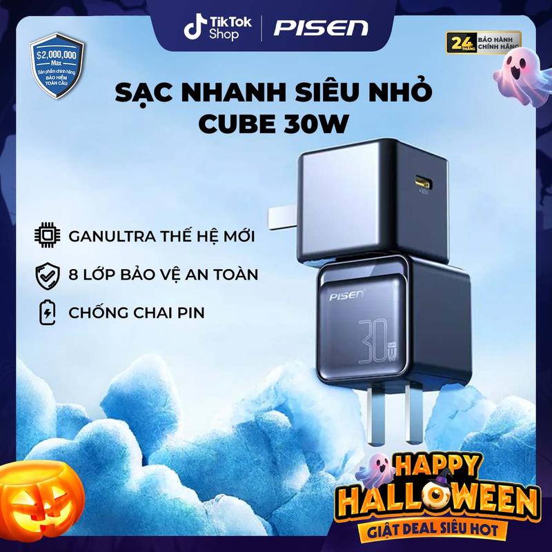 PISEN Sạc Nhanh 30W GAN Siêu Nhỏ Hạn Chế Nóng Máy Cổng Chống Chai Pin, Nhỏ Gọn Chân Gập, Phù Hợp Với Tất Cả Các Dòng Android/IOS C168 BH 18 Tháng + Bảo hiểm 2 Triệu USD