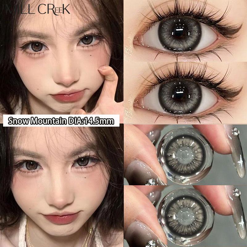  【Snow Mountain Black Mill Creek  Mua 2 Tặng 3 lens đen giãn tròng  Núi Tuyết  Kính áp tròng màu đen Đường kính 14,5mm Độ 0-800 Trọng lượng tròng kính đen: 40% Sử dụng 6-12 tháng lens mắt tròn đen cận thị 