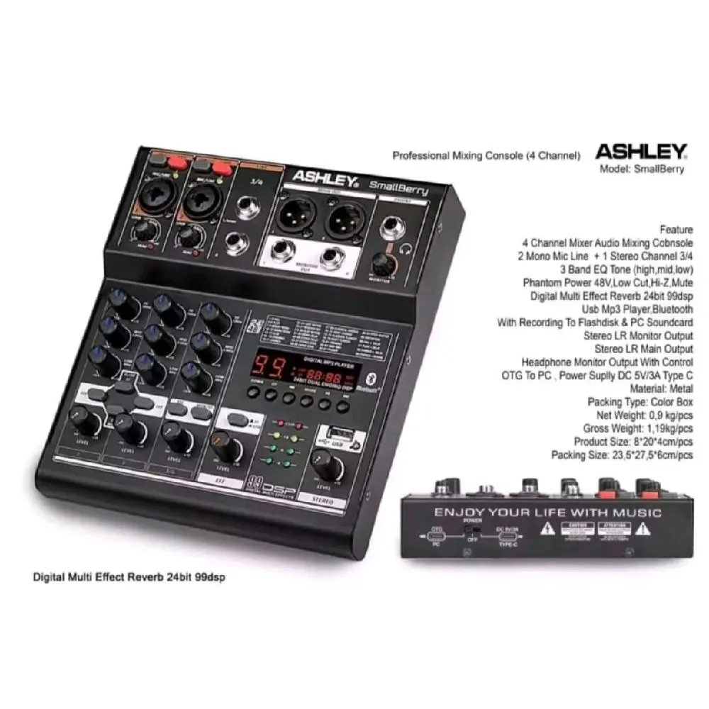 ASHLEY Smallberry Mixer Mini Soundcard 4 Channel 99 DSP USB Type C Port Power & OTG Full Metal Case