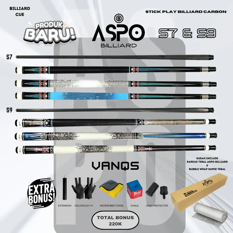 Stik Biliard Carbon VanQS S7  S9 Tip Rainbow 12.5mm Joint Uniloc Grip Kulit Premium Shaft Serat Karbon Defleksi Rendah Panjang 58 Inch Bonus Chalk Handuk Microfiber Sarung Tangan Golovejoy V1 Joint Protector Free Extension Ball 0