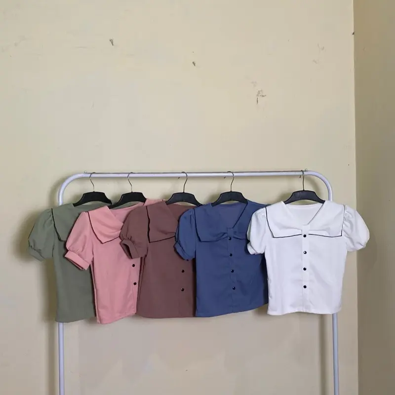 Berry croptop cute pita aktif ruffle  Katun Slim-fitting Polos Nyaman Basic Lembut Kancing variasi pita lebar lengan puffy tanpa karet formal casual Wanita