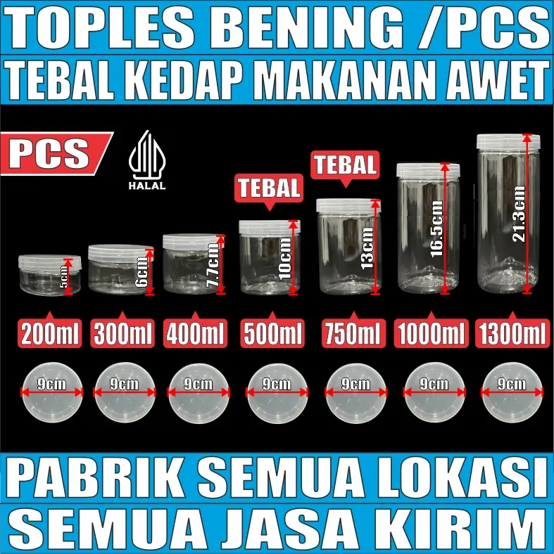 Toples Tebal 60gr 200ml 300ml 400ml 500ml 750ml 1000ml 1300ml Plastik n Seal Jar Silinder Bening JSP