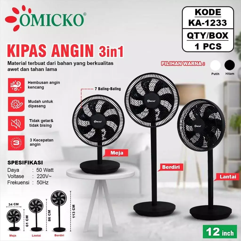 Omicko 3 in 1 Stand Fan 12 Inch KA 1233 Kipas Angin Berdiri 12 Inch Minimalis Low Watt