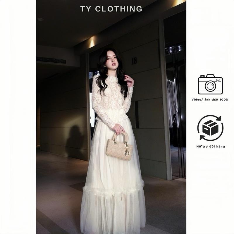 [ TY CLOTHING ] - Set Áo Ren Chân Váy Lưới Dài Maxi Có Hai Lớp Sang Chảnh - Hàng Thiết Kế- Màu Be- TYCLOTHING