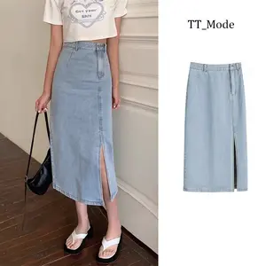 Biru muda New Rok Jeans Split Wanita Midi Denim Rok Murah Pendek Panjang