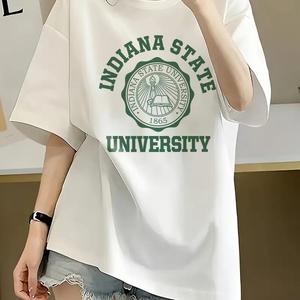 女性用半袖Tシャツ、トレンドプリントラウンドネック、ゆったり、純綿カジュアルトップス、ラウンドネック、ショルダーベルト、ゆったりシルエット、通気性、肩落ちデザインプリントTシャツ夏のゆったりタイプ