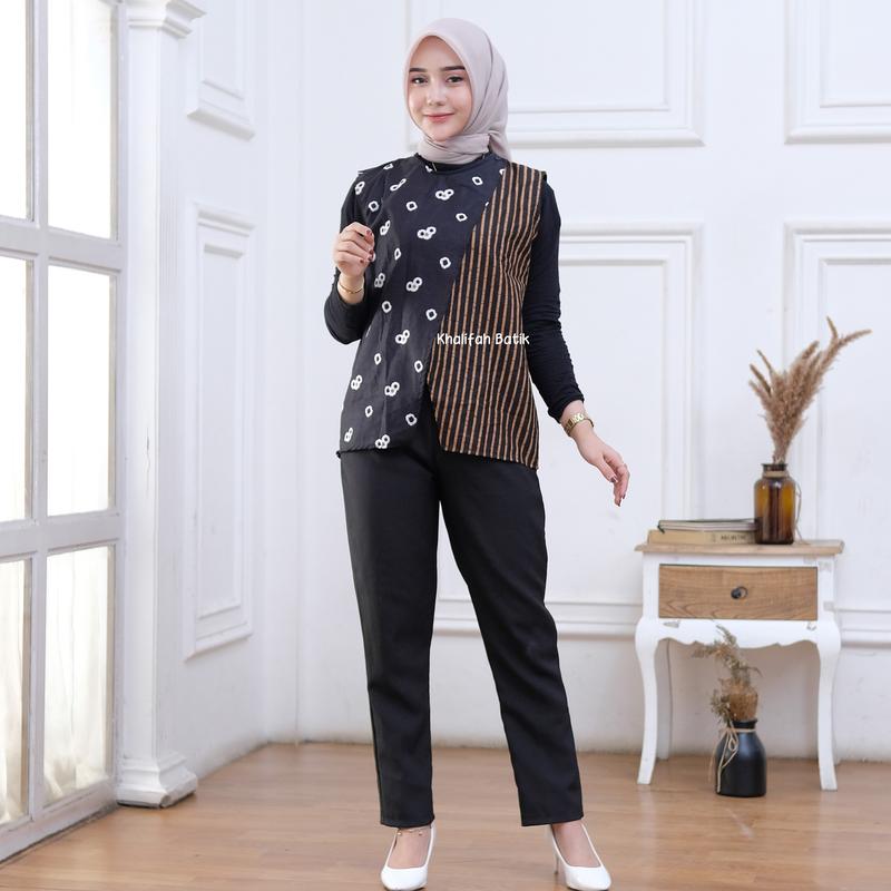 Outer Batik Kondangan Wanita Tanpa Lengan Jumbo Panjang Atasan Rompi Hitam 1