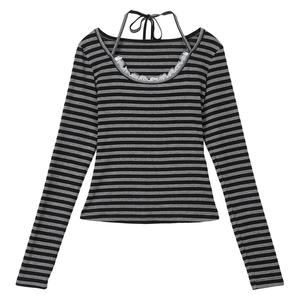 Women's striped T-shirt, black and gray striped splicing bow halter neck, lace trim women's round neck long sleeve T-shirt, women's T-shirt autumn 2025 fashion new style beautiful base layer long sleeve top for women 3918 Womenswear Casual