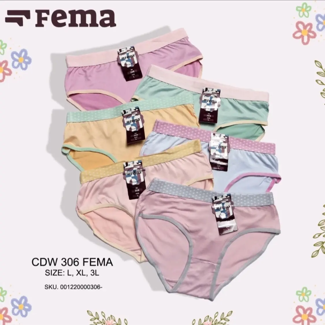 3, 6, 12Pcs CD Celana Dalam Fema Wanita 306 Polos Polkadot Nyaman Katun