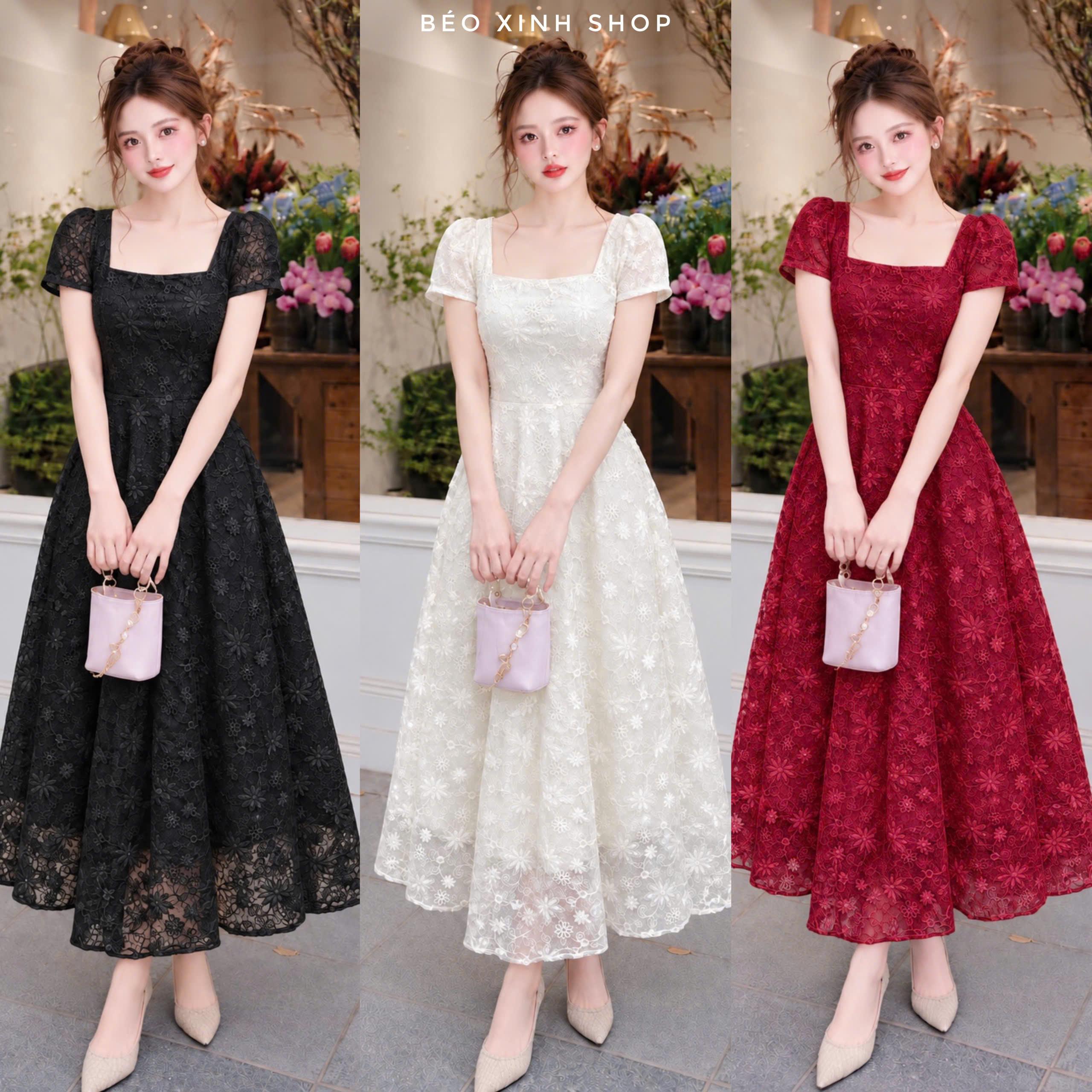 Váy Ren Hoa Tiểu Thư Cổ Vuông Dáng Xòe Có Bigsize 40–90kg Thời Trang Béo Xinh Shop - A.1901