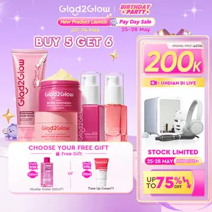 [B5G6]Glad2Glow GLASS SKIN SET -Brightening Moisturizer+Niacinamide Cleanser+Brightening Serum+Peeling serum+Retinol moisturizer+Free Gift For Micellar Water+ skincare memutihkan dan glowing scinker memutihkan wajah skincare glycolic