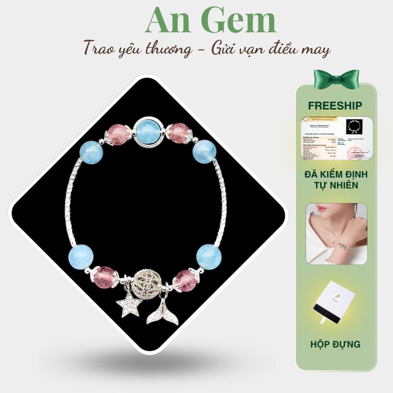 Vòng tay đá năng lượng Aquamarine mix Dâu hồng full charm, lắc tay nữ phong thuỷ đá tự nhiên phụ kiện đeo tay nữ  Bracelet quà tặng giáng sinh Noel Tết Valentine