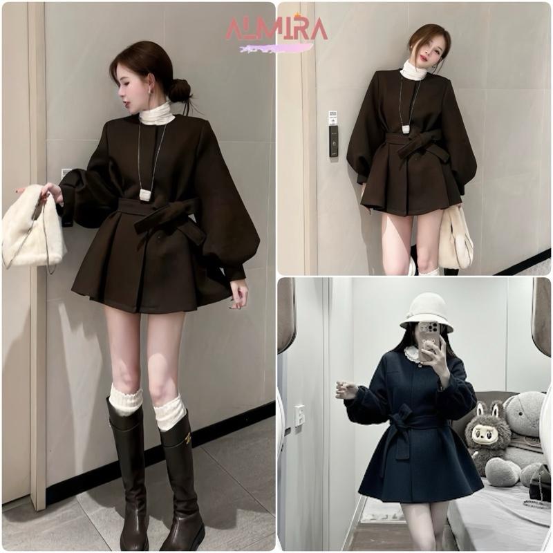   Kèm Dây Đai  Áo Khoác Dạ Ép Hàn 2 Lớp Tay Phồng Buộc Eo Sang Chảnh Almira Store 