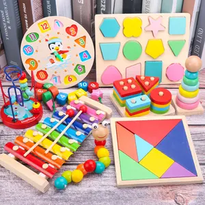 Colorful Montessori Wooden Puzzles Toys for Kids Macaron Blocks Educational Learning Toy Baby Rattles Graphic Design