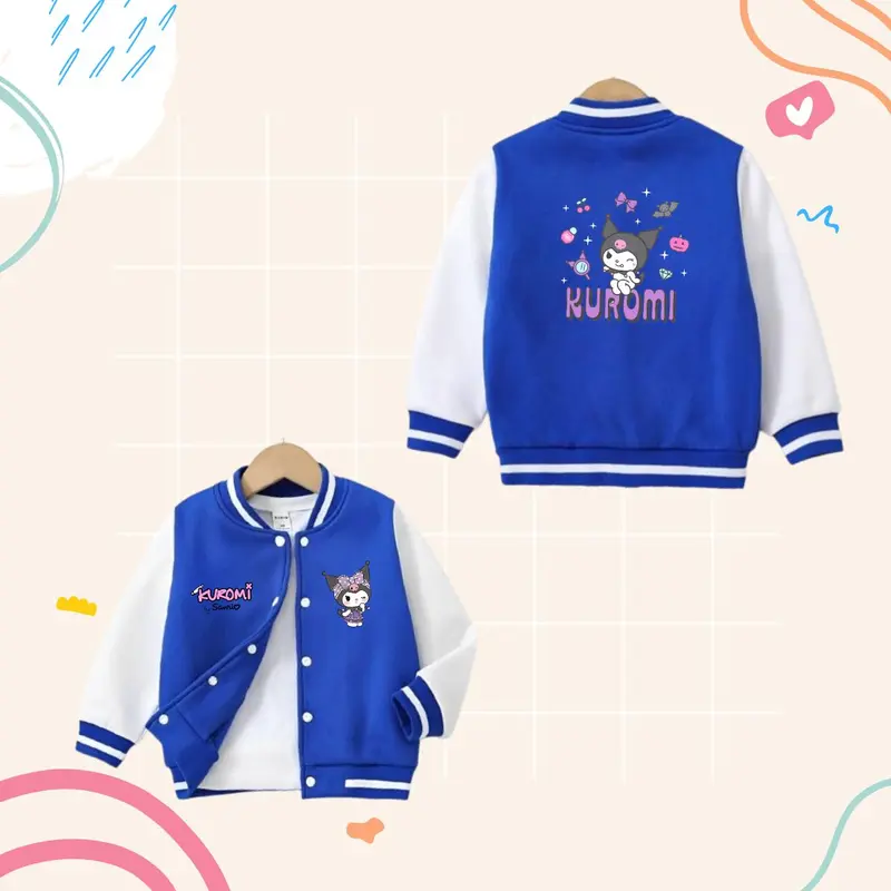 Fashion Jaket Anak Perempuan KUROMI dengan Desain Varsity dan Bahan Fleece Baseball untuk Usia 3-12 Tahun 2