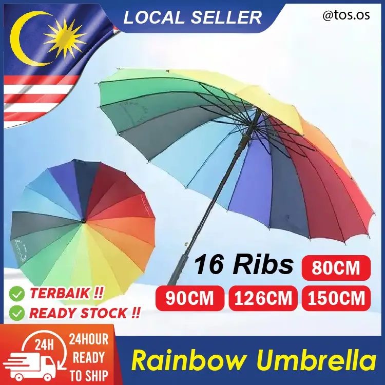 16Ribs Rainbow Umbrella Curved Handle Waterproof Raining Sun Protection Parasol / Payung Pelangi