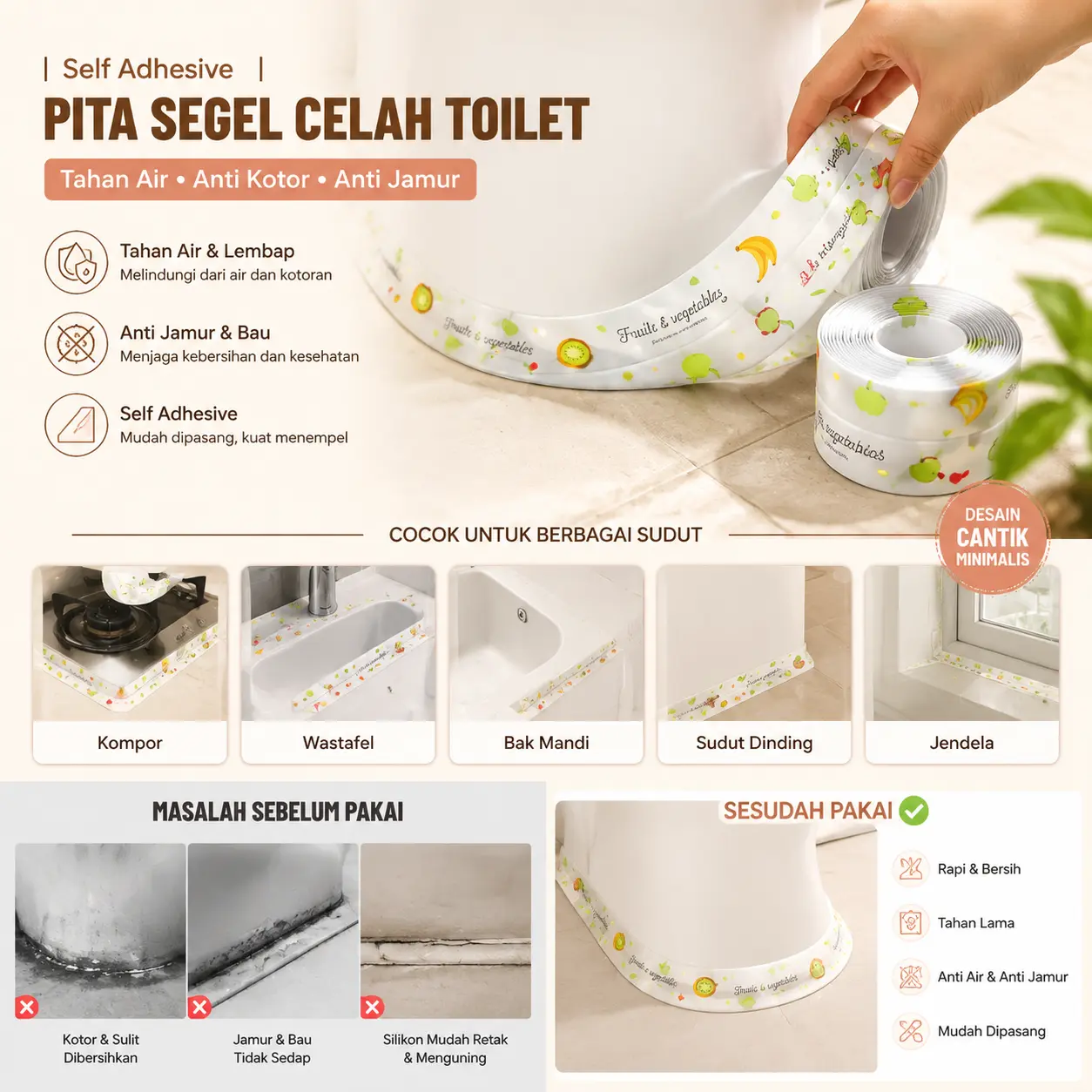 Sealant celah toilet dapur ini kedap air, tahan noda, dan menempel rapat.